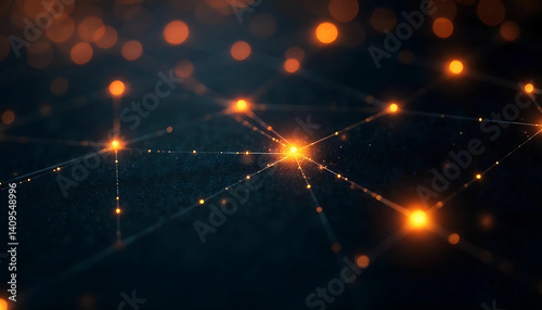 Abstract network with glowing orange nodes connected by lines on a dark blue background design