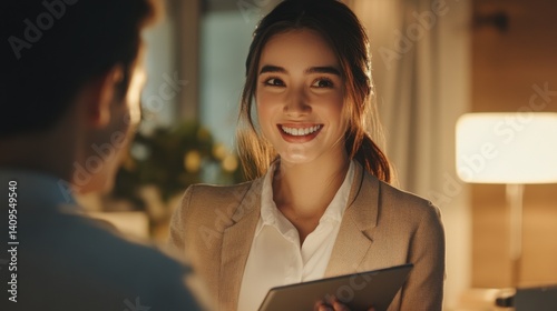 A dynamic conversation between a female insurance manager and a potential client at her office. She smiles warmly but assertively, holding a tablet to show coverage options