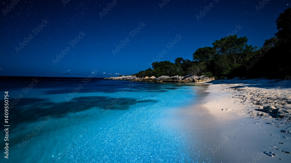 Fototapeta premium Serene night at a tropical beach. Starry sky reflects on tranquil waters.