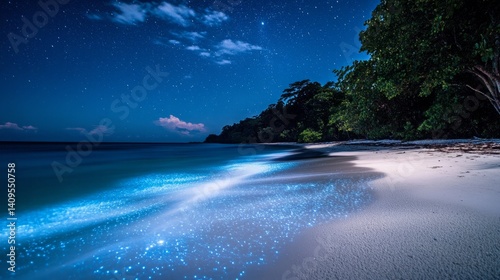 Magical bioluminescent beach at night under a starry sky.