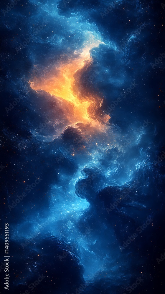 Fototapeta premium Cosmic Nebula Mobile Wallpaper Vibrant Orange and Blue Clouds Against Starry Dark Background 4K HD