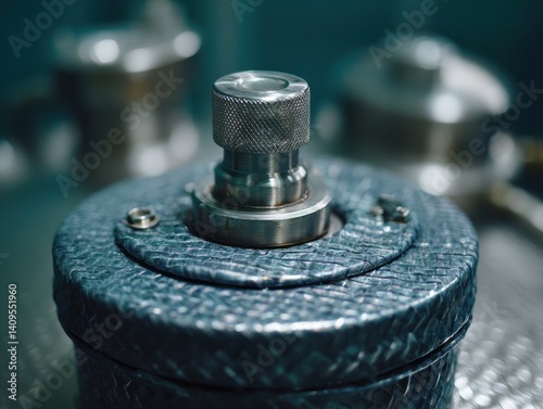 Close-up of industrial machinery with textured metal casing and a knurled knob, showcasing precision engineering and design.