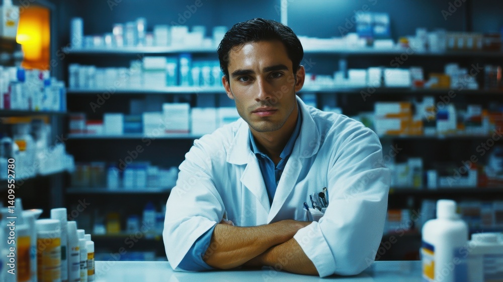 Fototapeta premium Confident pharmacist in lab coat at a pharmacy counter with shelves of medicine.