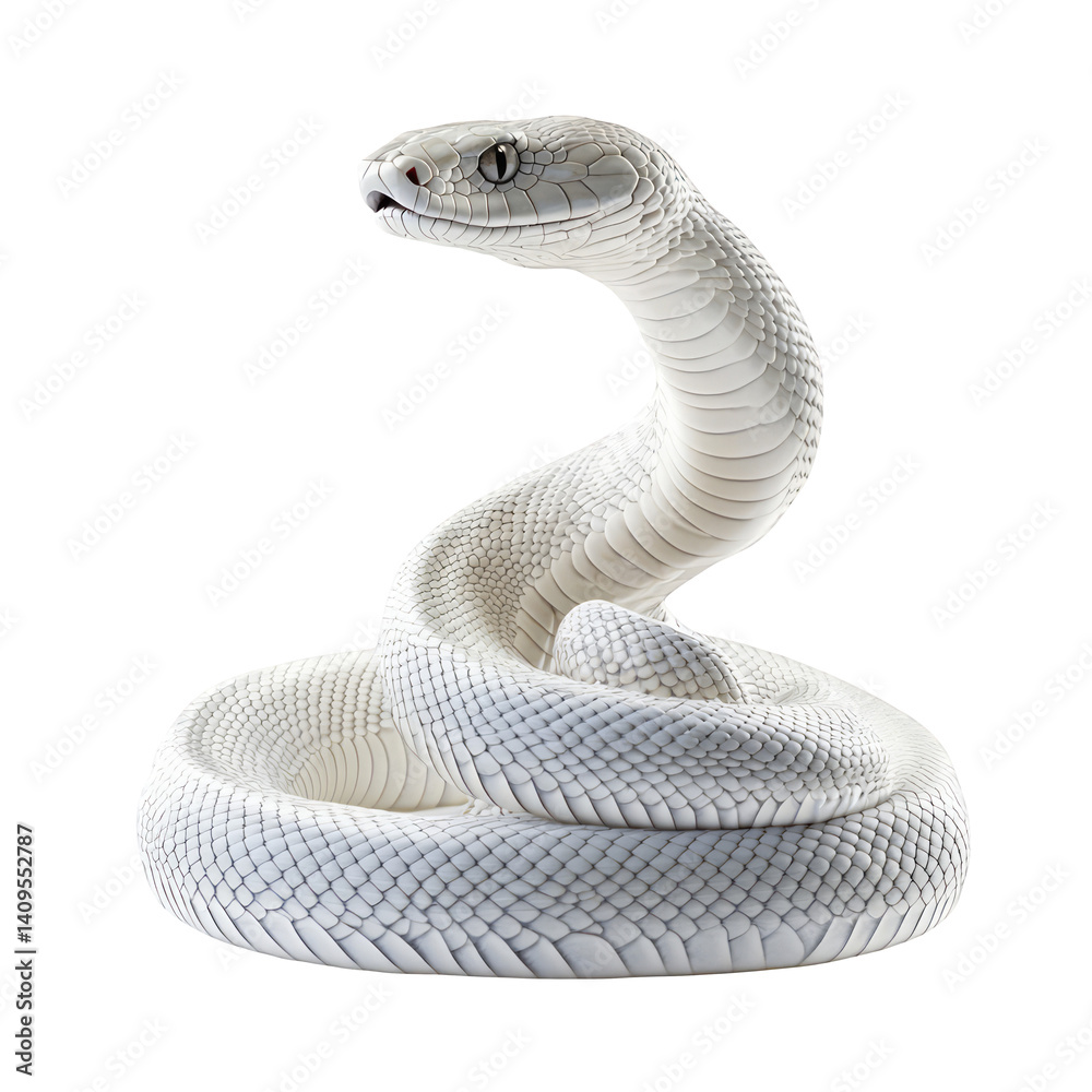 Fototapeta premium White Snake Isolated on White Background Serpent Reptile Albino Scaly Skin Wildlife Dangerous Predator Venomous Slithering Herpetology Zoology Nature Animal Coiled Striking Pose Exotic Pet Wild