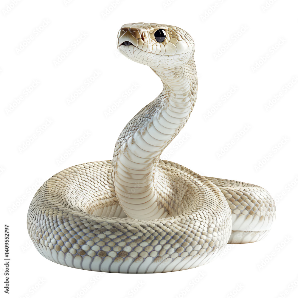 Fototapeta premium White Snake Isolated on White Background Reptile Serpent Scales Wildlife Danger Venomous Predator Wild Animal Nature Zoology Herpetology Slithering Coiled Striking Hunting Isolated Cutout Close-up 3D