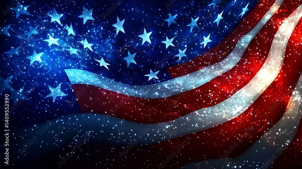 A patriotic Independence Day theme with bold red, white, and blue fireworks bursting against a dark night sky