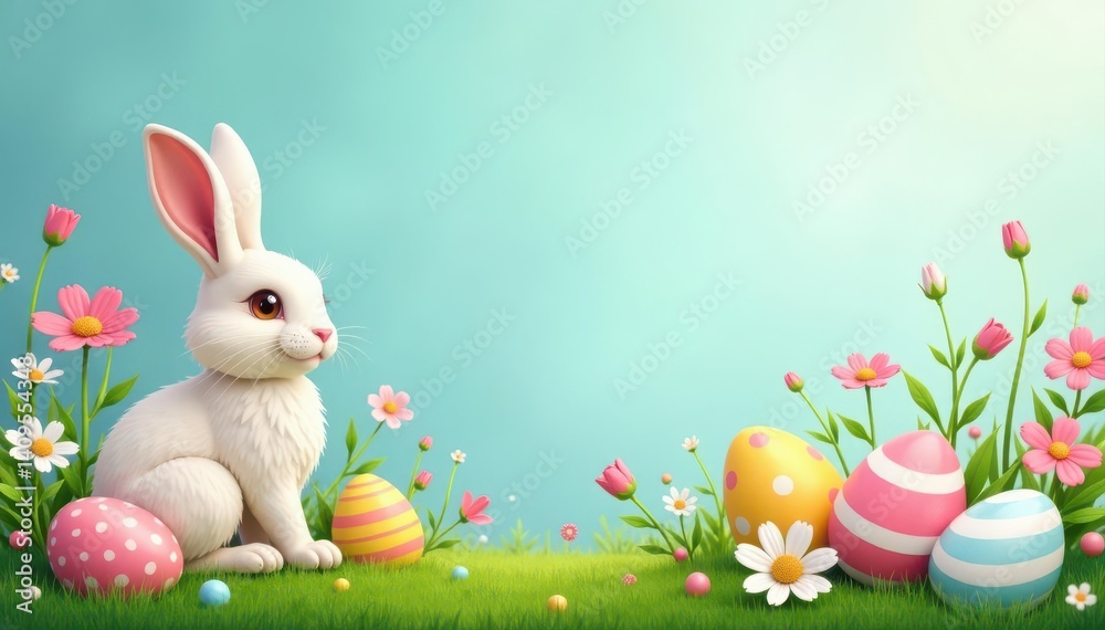 Fototapeta premium Charming Easter banner with whimsical eggs, bunnies, & blooms , holiday, cute, pastel