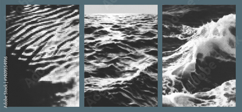 Oceanic Halftone Poster Set featuring Abstract Wave Patterns and Sea Textures in Blue and White, perfect for Modern Graphic Design and Creative Summer Backgrounds.