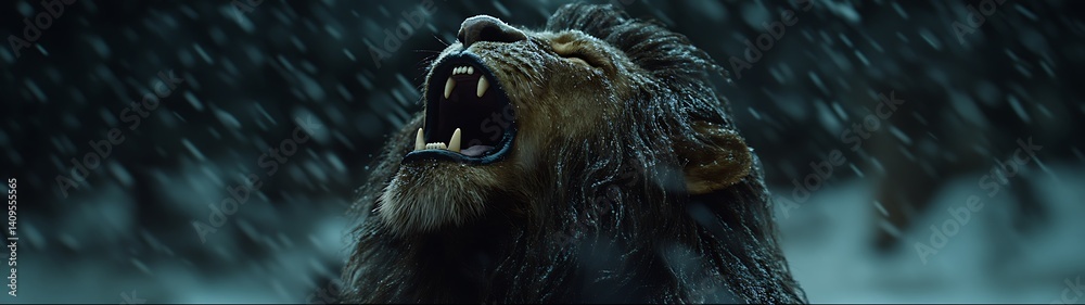 Fototapeta premium Lion Roaring in Snowstorm