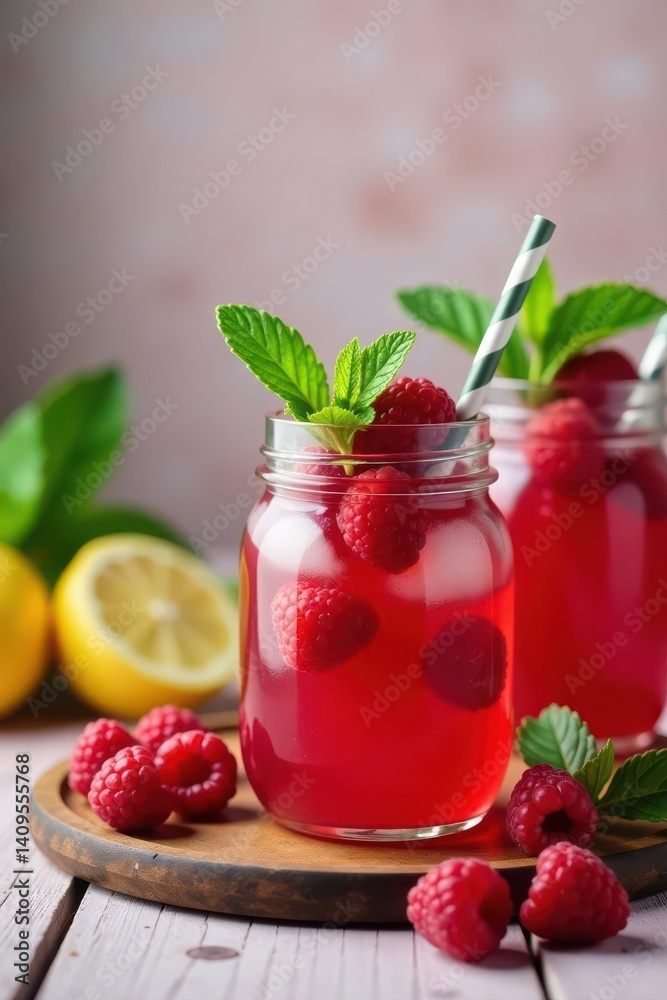 Fresh raspberry mojito jars, rustic table setting, closeup, vibrant Fresh raspberry mojito jars, rustic table setting, closeup, vibrant