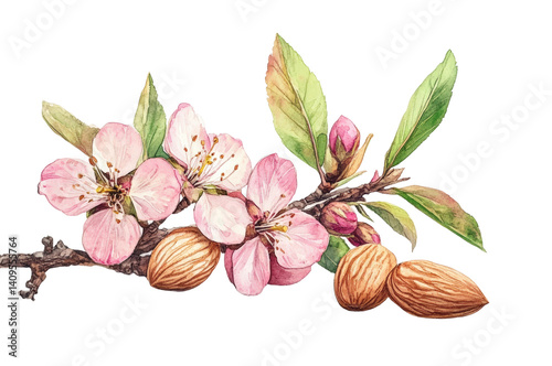 Blooming almond branch with nuts botanical nature artistic view seasonal beauty. Isolated on transparent background, png.