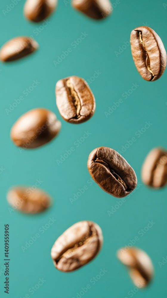 Obraz premium Roasted coffee beans suspended in mid-air against a teal background.
