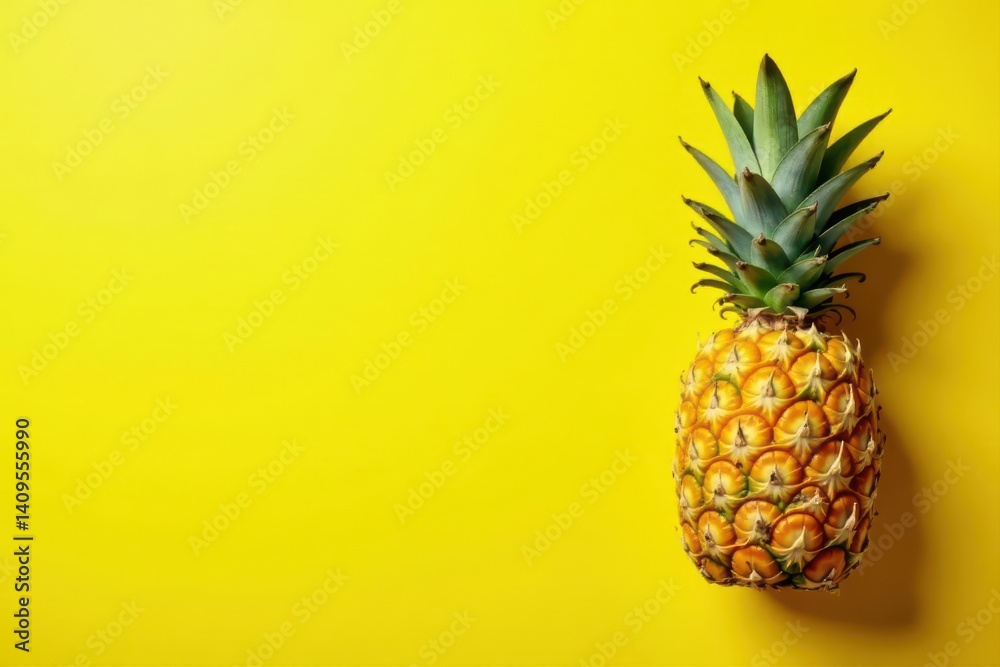 Half-ripe pineapple, vibrant yellow background Top view, copy space , color, macro Half-ripe pineapple, vibrant yellow background Top view, copy space , color, macro
