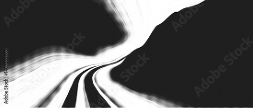 Abstract Halftone Wave Pattern with Gradient Dots and White Background creates a Modern 3D Effect. This Vector Design Combines Black and White Elements for a Minimalist Geometric Art