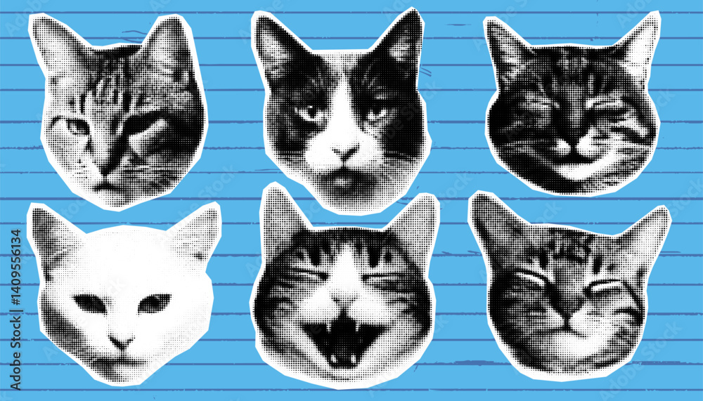 custom made wallpaper toronto digitalHappy Cat Collage Set with Blue Halftone Meme Art Featuring Retro and Vintage Pop Aesthetic. Funky and Cute Bundle for Pet Lovers and Contemporary Design Fans.