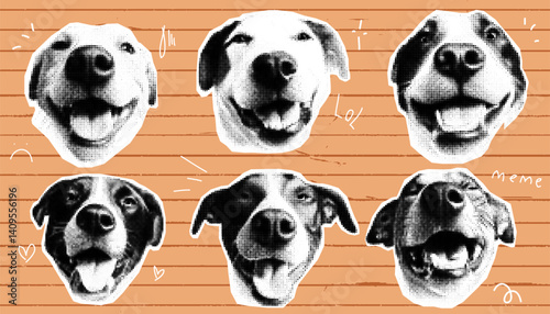 An eclectic fusion of vintage halftone art featuring a playful dog collage on an orange paper background, perfect for funky and surreal sticker sets, groovy banners, and quirky posters