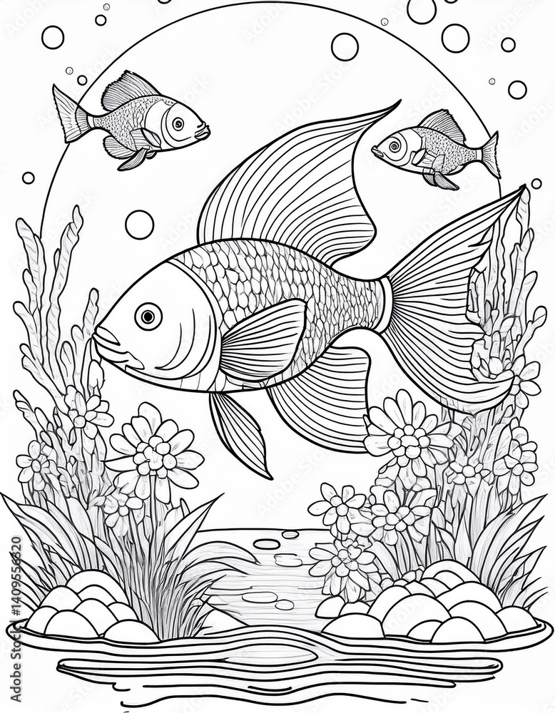 Naklejka premium cartoon fish in water coloring page. 