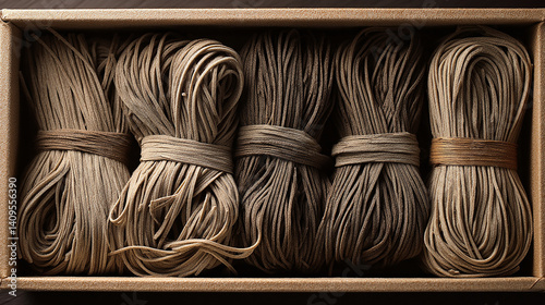 Fresh soba noodles, uncooked, dusted in flour, bundled