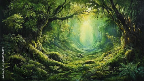 Fototapeta Naklejka Na Ścianę i Meble -  Lush green forest path sunlight magical mystery deep woods nature scene art moss dark calm rich trees