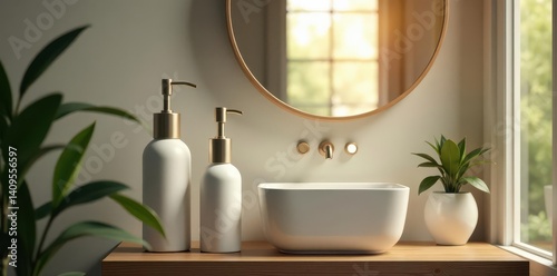 Modern dispenser bottles, stylish bathroom setting, bottles, shampoo, product