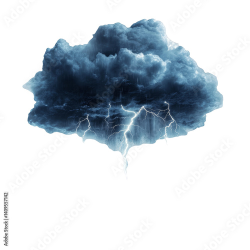 Dark storm cloud with rain and lightning isolated on white background thunderstorm weather forecast dramatic sky nature power electricity danger climate change meteorology apocalyptic atmosphere