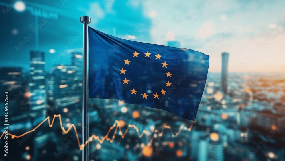 A vibrant European flag billows in the wind as a city skyline serves as a backdrop, complemented by stock charts indicating economic activity and growth in the European market