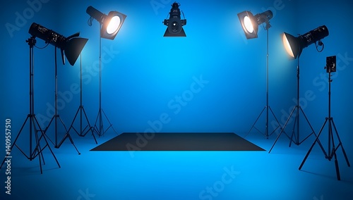 A professional photo studio with a blue background and lighting equipment for product photography