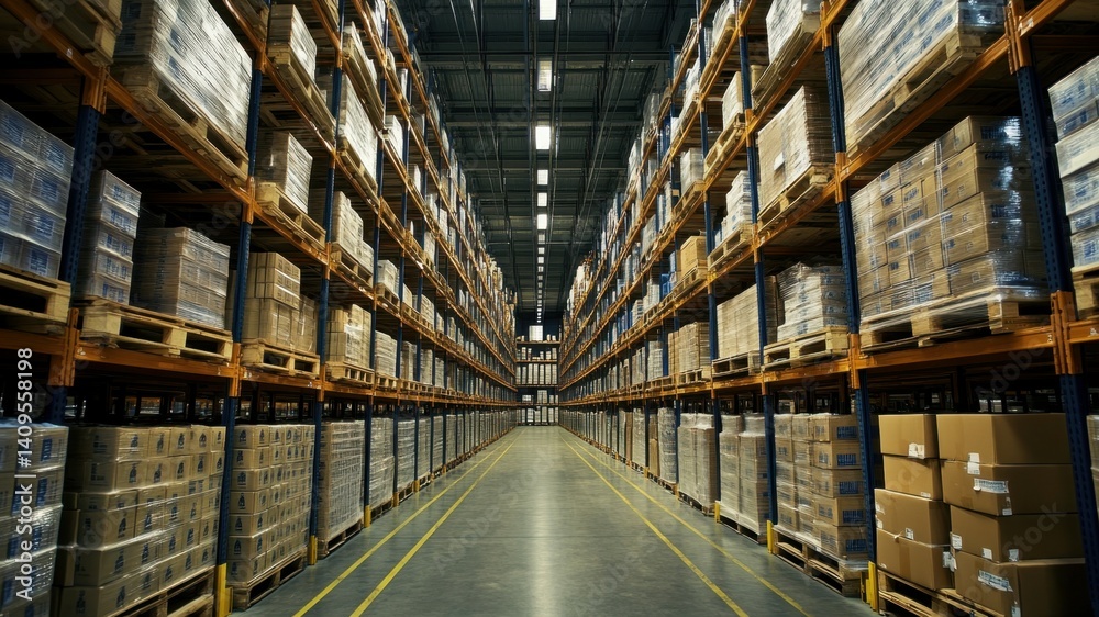 Fototapeta premium A long warehouse aisle with stacked boxes and packages on shelves.