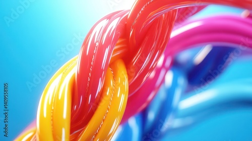 Colorful ribbons twisting, blue background, abstract design