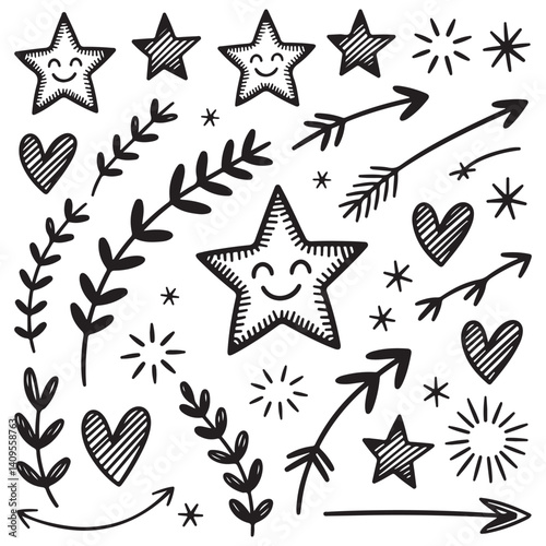 Hand-Drawn Pen Sketch Icon Pack – Smiling Stars, Zigzag Arrows, Floral Vines, Floating Hearts & Spark Bursts for Journaling & Scrapbooking  High-Resolution Vector Art