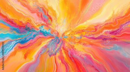 Vibrant, swirling colors radiate from a central point in an abstract painting.