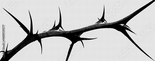 Transparent Thorn Border on Black and White Background featuring Isolated Vector Branch with Gothic Crown and Thorny Vine Pattern for Art and Design Projects.
