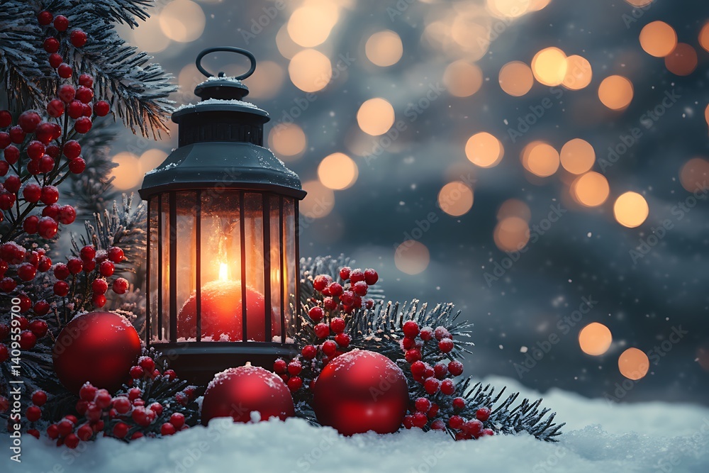 Festive black lantern with lit candle, snowy branches, red berries, ornaments, winter Festive black lantern with lit candle, snowy branches, red berries, ornaments, winter