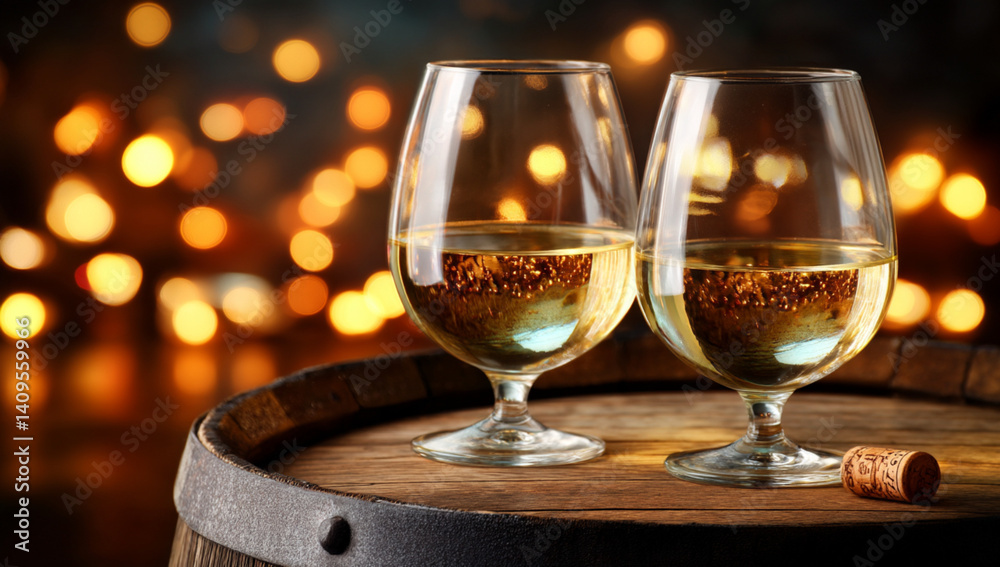Two elegant glasses of white wine placed on a wooden barrel in a dimly lit wine cellar with copy space