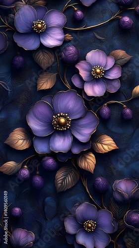 Purple and Gold Floral Phone Wallpaper  Elegant Flowers with Dark Leaves on Deep Blue | Vertical Aesthetic Background

