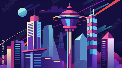Whizzing past towering buildings and neon lights the eVTOLs provided an exhilarating birds eye view of the entire theme park.. Vector illustration
