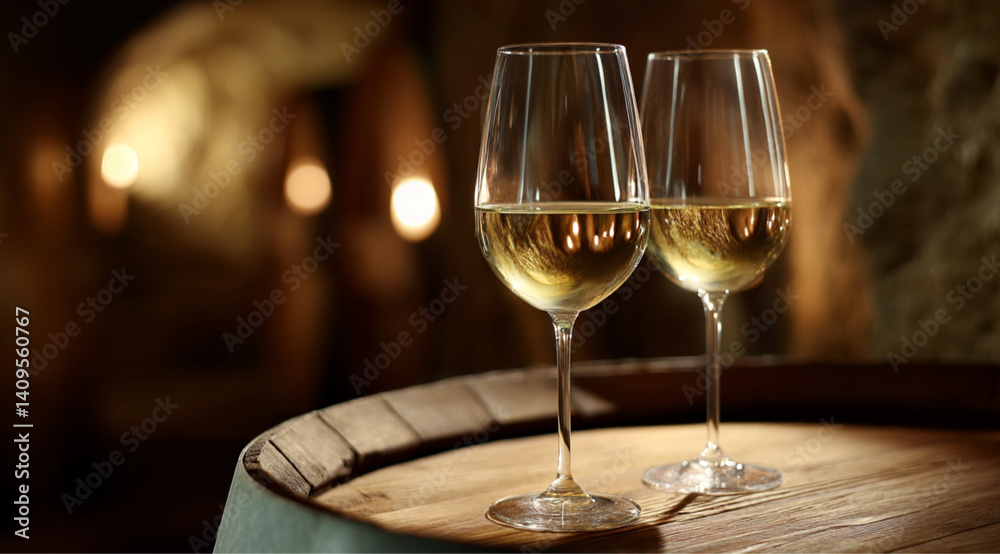 Two elegant glasses of white wine placed on a wooden barrel in a dimly lit wine cellar with copy space