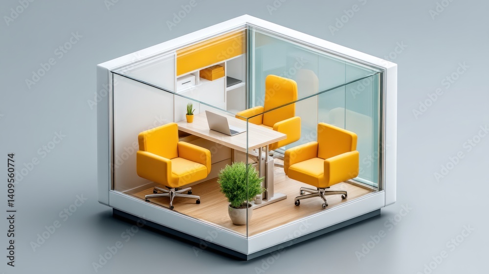 A modern minimalist office cubicle with glass walls features two yellow chairs a desk and a laptop showcasing innovative workspace design. A modern minimalist office cubicle with glass walls features two yellow chairs a desk and a laptop showcasing innovative workspace design.