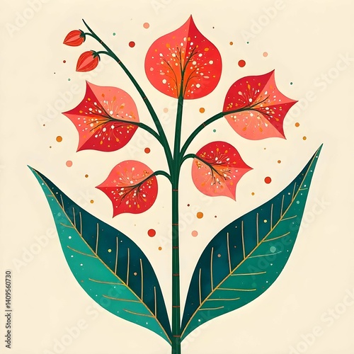 Abstract Geometric Lily of the Valley  Colorful Nordic Folk Style Floral Illustration