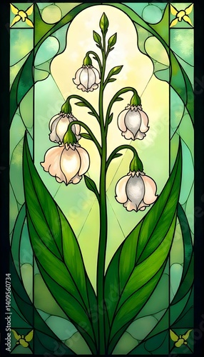 Abstract Geometric Lily of the Valley  Colorful Nordic Folk Style Floral Illustration