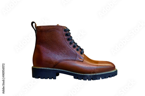 Brown leather boots isolated on transparent background. Men's shoes cut out, side view
