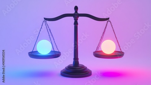 Glowing orbs balance on scales, a study in contrast and equilibrium.