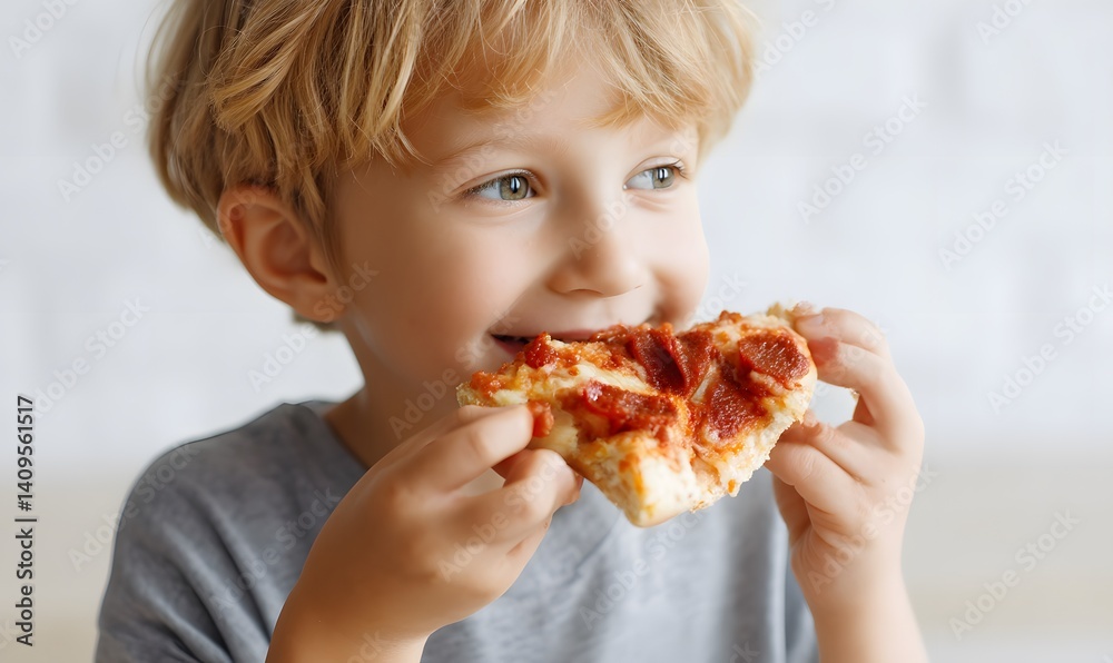 Happy child eats pizza slice, Generative AI Happy child eats pizza slice, Generative AI