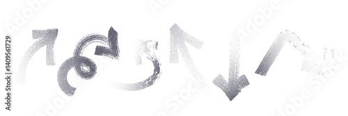 Brush Stroke grainy Arrows in Various Directions on White Background