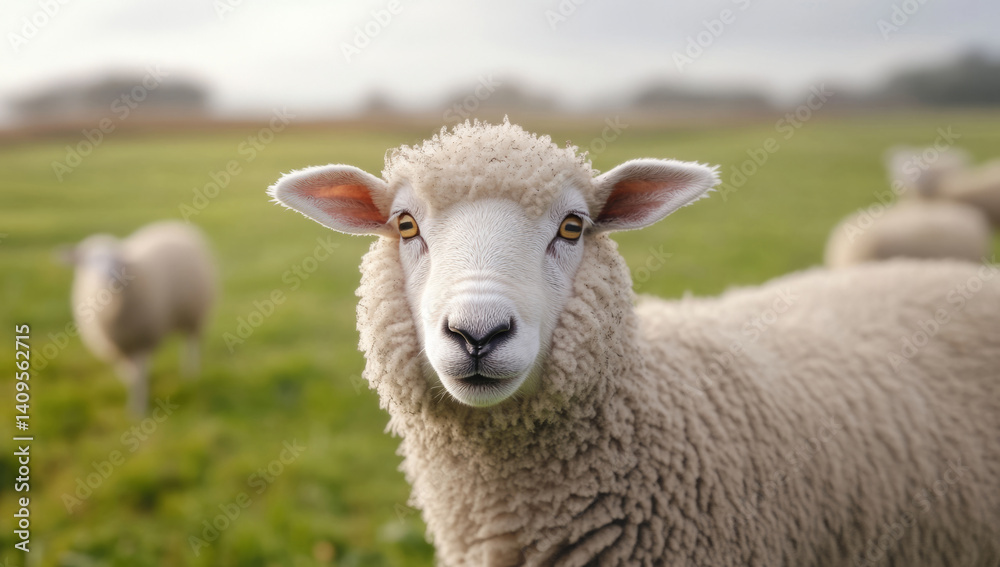 A fluffy sheep stands close to the camera, looking directly at it while other sheep graze peacefully in the lush green field under a bright sky A fluffy sheep stands close to the camera, looking directly at it while other sheep graze peacefully in the lush green field under a bright sky