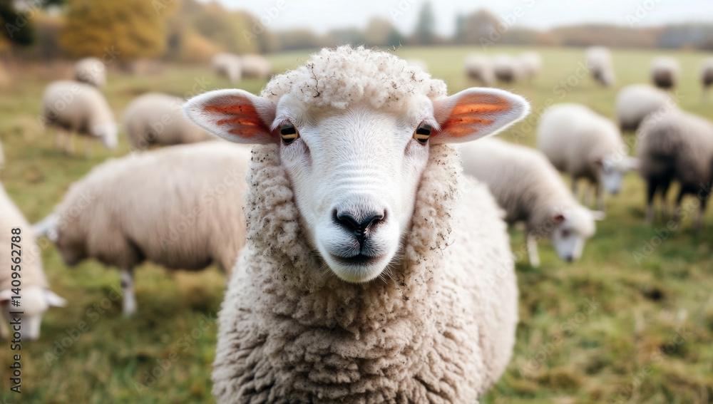 A fluffy sheep looks directly at the camera amidst a group of grazing sheep in a vibrant open field. The sky is clear, creating a serene countryside atmosphere A fluffy sheep looks directly at the camera amidst a group of grazing sheep in a vibrant open field. The sky is clear, creating a serene countryside atmosphere