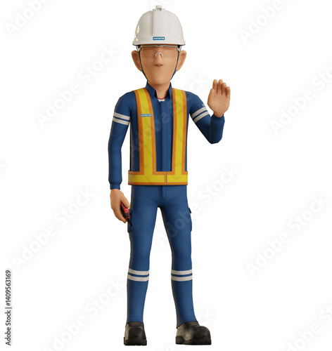 Isolate industrial worker raise hand to say hi