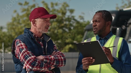Trucker in red cap standing with arms crossed listening while his colleague in reflective vest explains route for delivery. Writing on clipboard. Discussing tasks or verifying documents together.