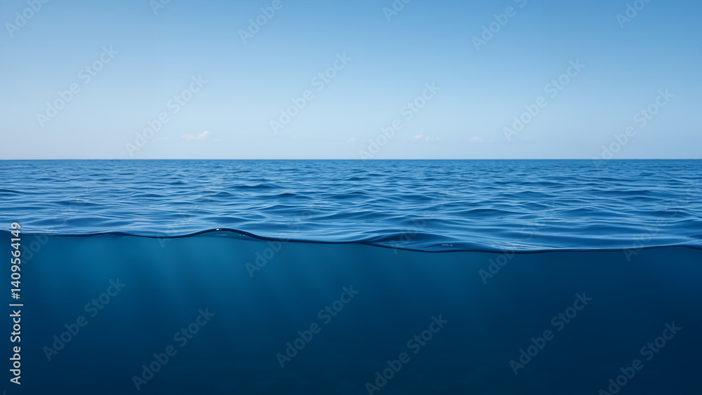 Obraz premium This photo depicts a calm sea where the surface of the water ripples gently under a clear sky, creating a harmony between the blue ocean and the celestial simplicity, while showing a cut as if the cam