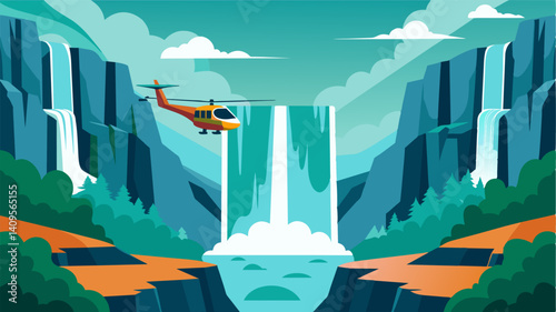 An air taxi circling above a cascading waterfall giving passengers a closeup view of the roaring water.. Vector illustration